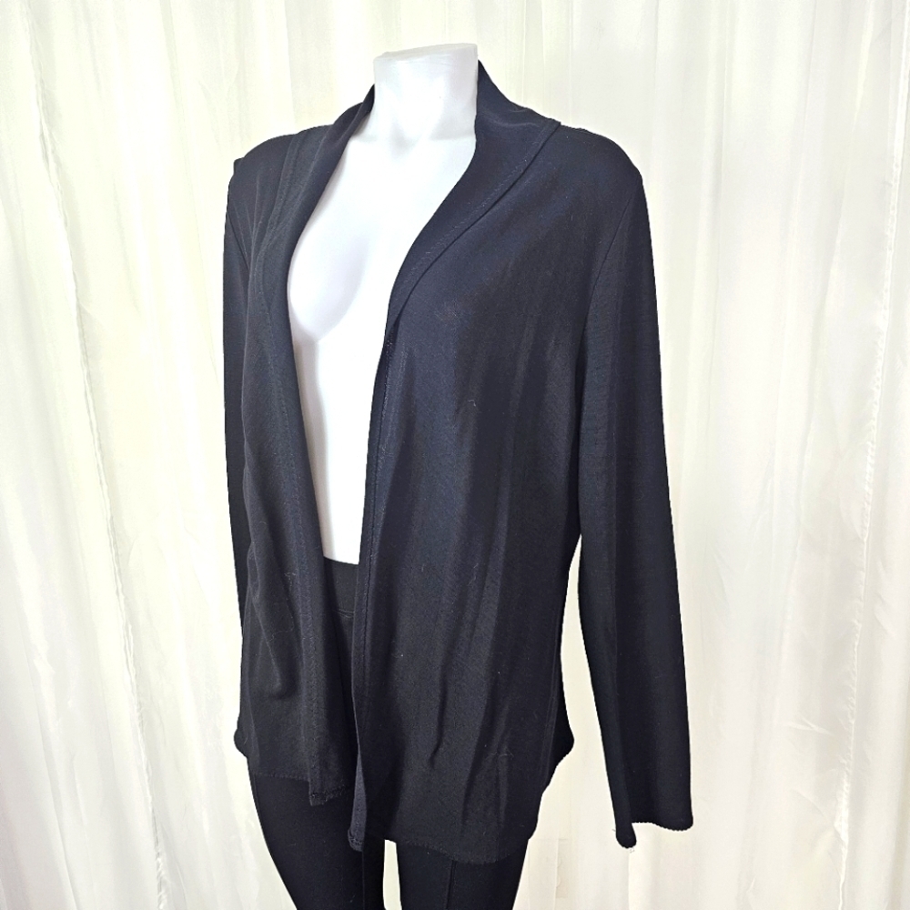 Eileen Fisher black viscose wool blend open front sweater cardigan size medium